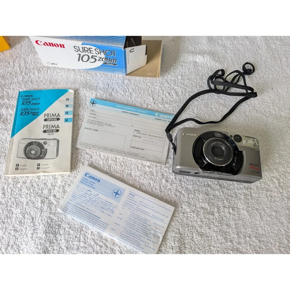 Canon Sure Shot 60 Zoom Shot 35mm Point & Shoot Film Camera Works Extra Film Box
